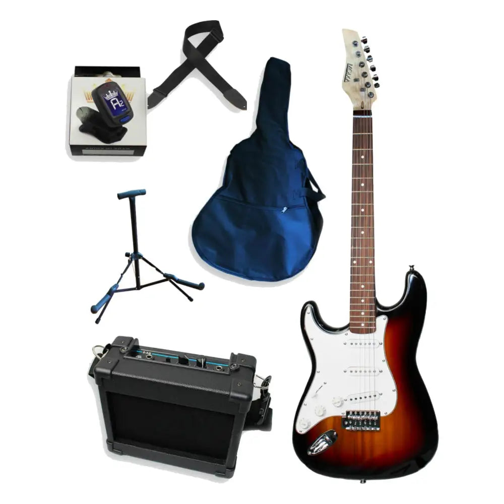 Axiom Discovery LH Electric Guitar Pack Sunburst with accessories, perfect beginner electric guitar left hand buy left handed guitar Australia