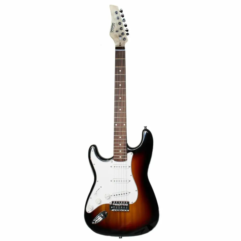 Left handed electric guitar with sunburst finish, white pickguard, and rosewood fretboard
