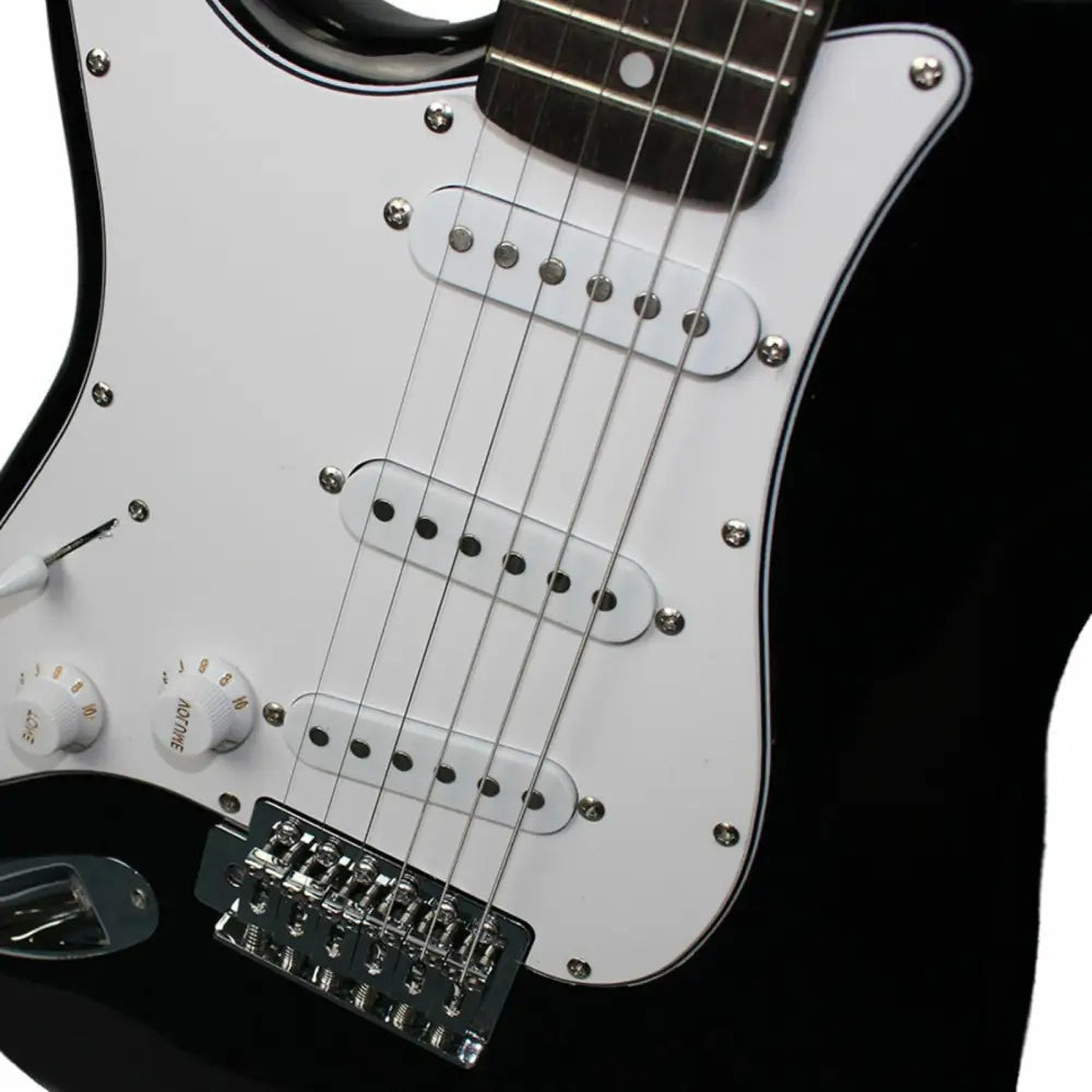Black left handed electric guitar with white pickguard and three pickups for electric guitar for lefties