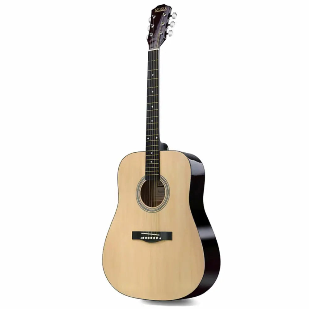 Left handed acoustic guitar with natural wood top and black sides for beginners in Australia