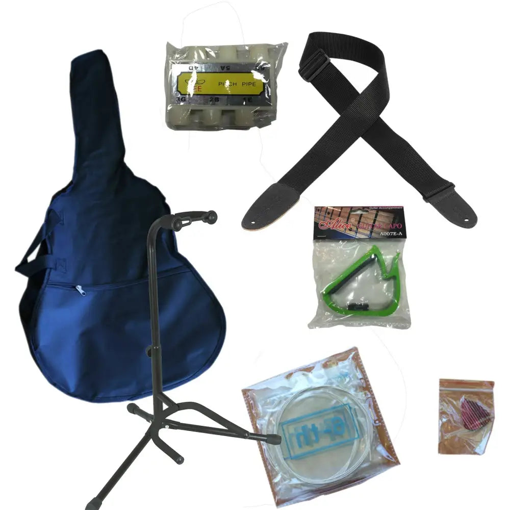 Axiom Guitar Accessory Pack with gig bag, stand, strap, strings, tuner, capo, picks for acoustic guitar