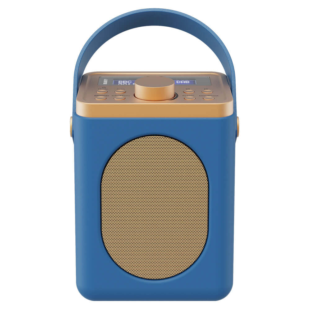 The Majority Little Shelford Bluetooth &amp; DAB Radio in Midnight Blue features a retro design, front speaker grille, top control buttons, carrying handle, and Bluetooth for wireless streaming.