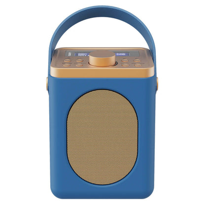The Majority Little Shelford Bluetooth &amp; DAB Radio in Midnight Blue features a retro design, front speaker grille, top control buttons, carrying handle, and Bluetooth for wireless streaming.