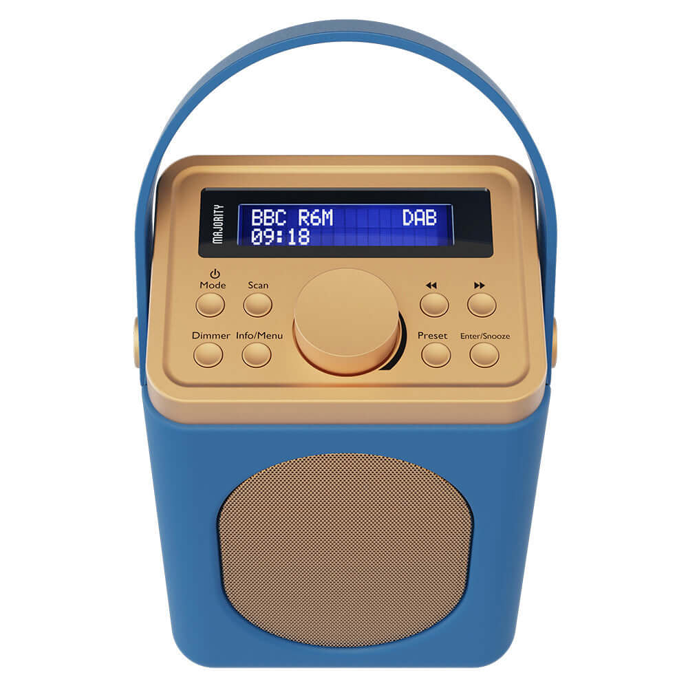 The Majority Little Shelford Bluetooth &amp; DAB Radio in Midnight Blue features a retro design, front speaker grille, top control buttons, carrying handle, and Bluetooth for wireless streaming.
