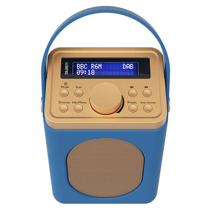The Majority Little Shelford Bluetooth &amp; DAB Radio in Midnight Blue features a retro design, front speaker grille, top control buttons, carrying handle, and Bluetooth for wireless streaming.