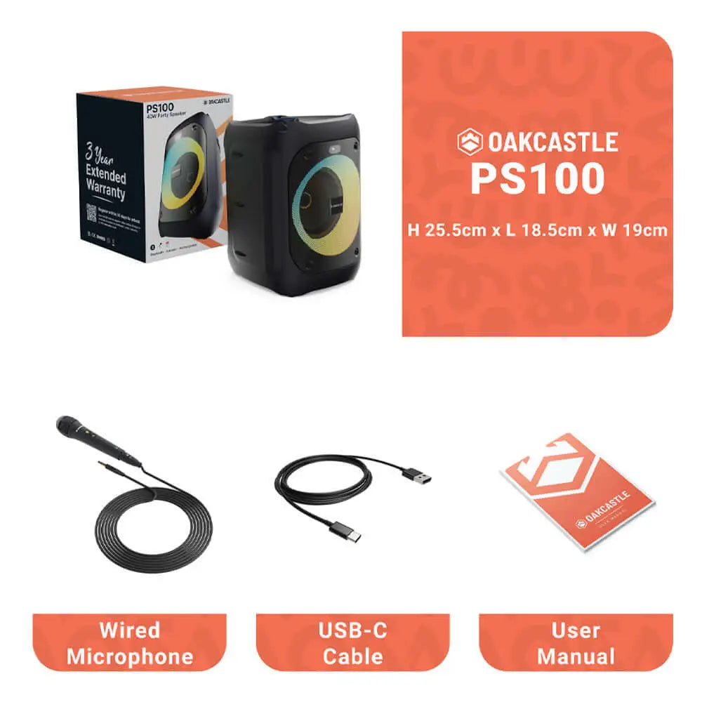 Majority PS100 Party Speaker with wired mic, USB-C, user manual, Bluetooth karaoke, party lights