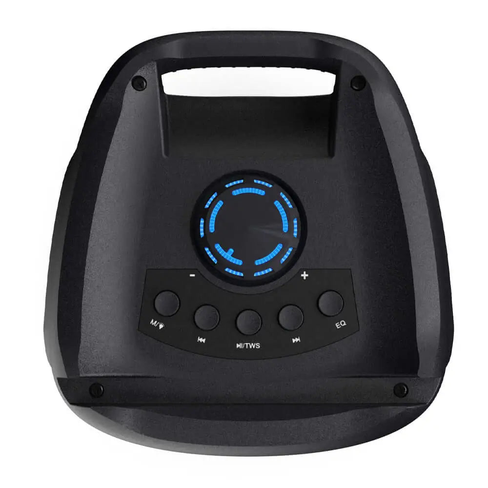 Black PS100 Party Speaker with blue LED party lights and control buttons for Bluetooth karaoke