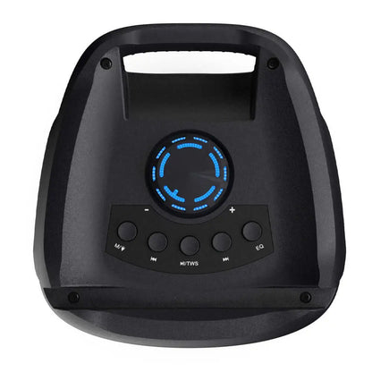 Black PS100 Party Speaker with blue LED party lights and control buttons for Bluetooth karaoke