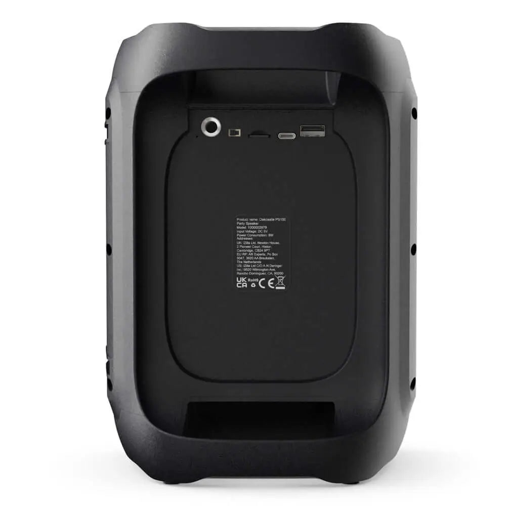 Black PS100 Party Speaker with input ports for Bluetooth Karaoke and party lights