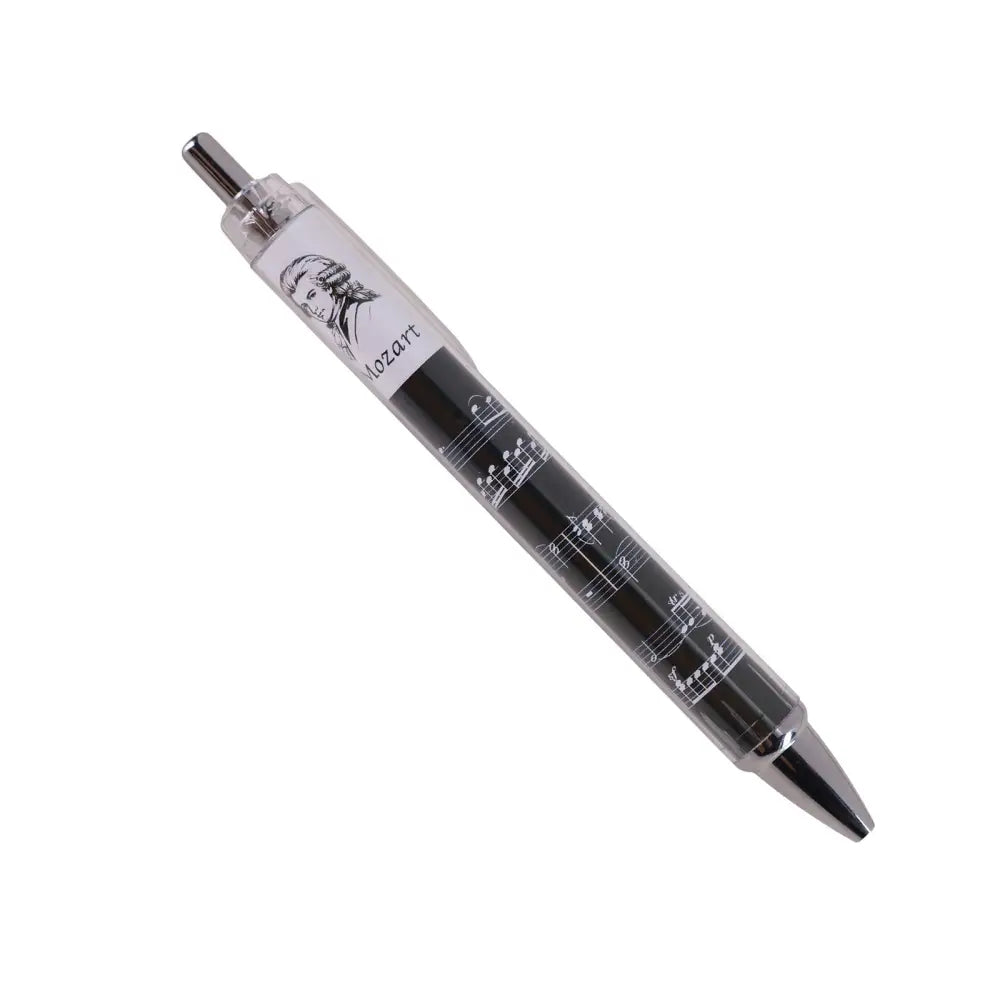Clear plastic mozart ballpoint pen with black ink silver accents and classical music label design