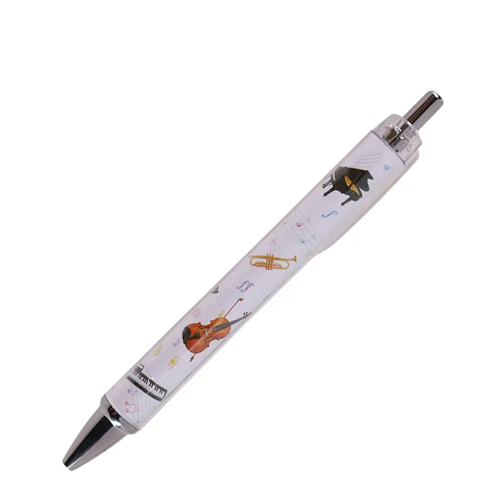 Clear plastic musical instruments ballpoint pen with silver tip and colorful violin trumpet and piano key illustrations