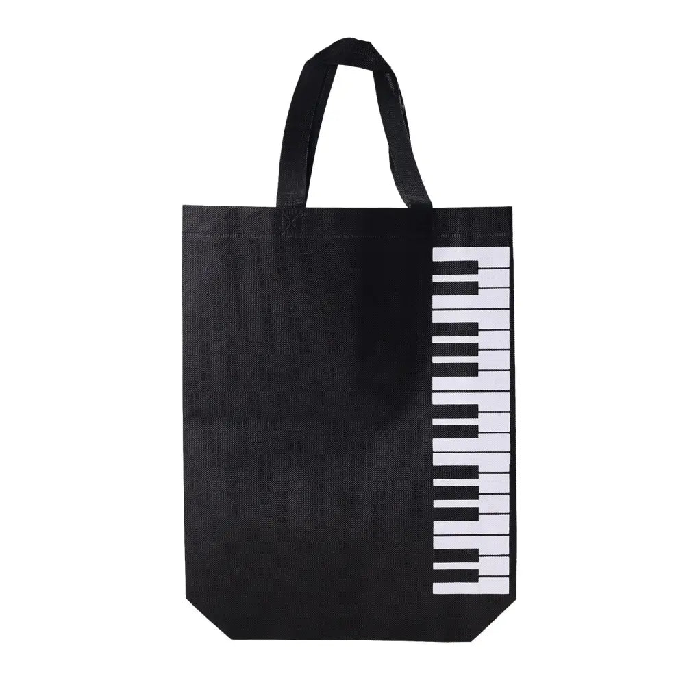 Black tote bag with vertical white piano keyboard pattern perfect for music lovers and everyday use