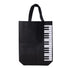Black tote bag with vertical white piano keyboard pattern perfect for music lovers and everyday use