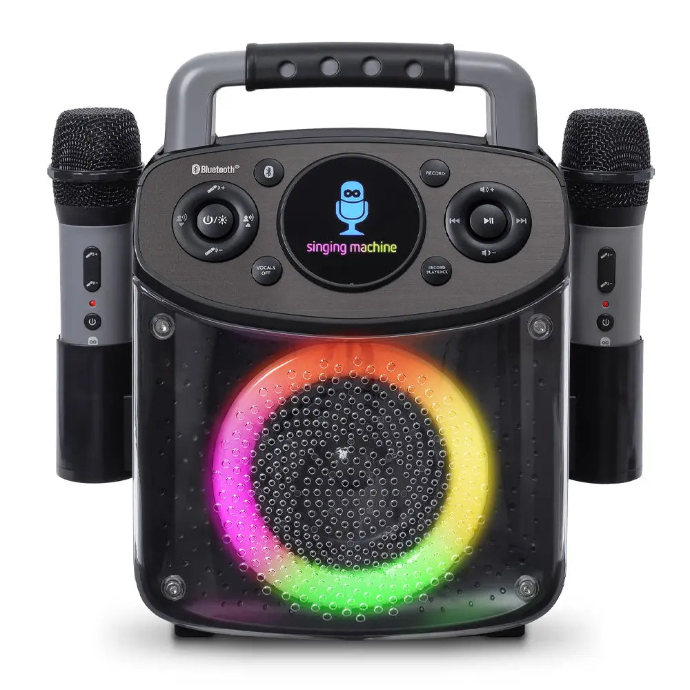 Black Singing Machine Mini Sparkle Bluetooth Karaoke Speaker with wireless mics and colorful LED lights