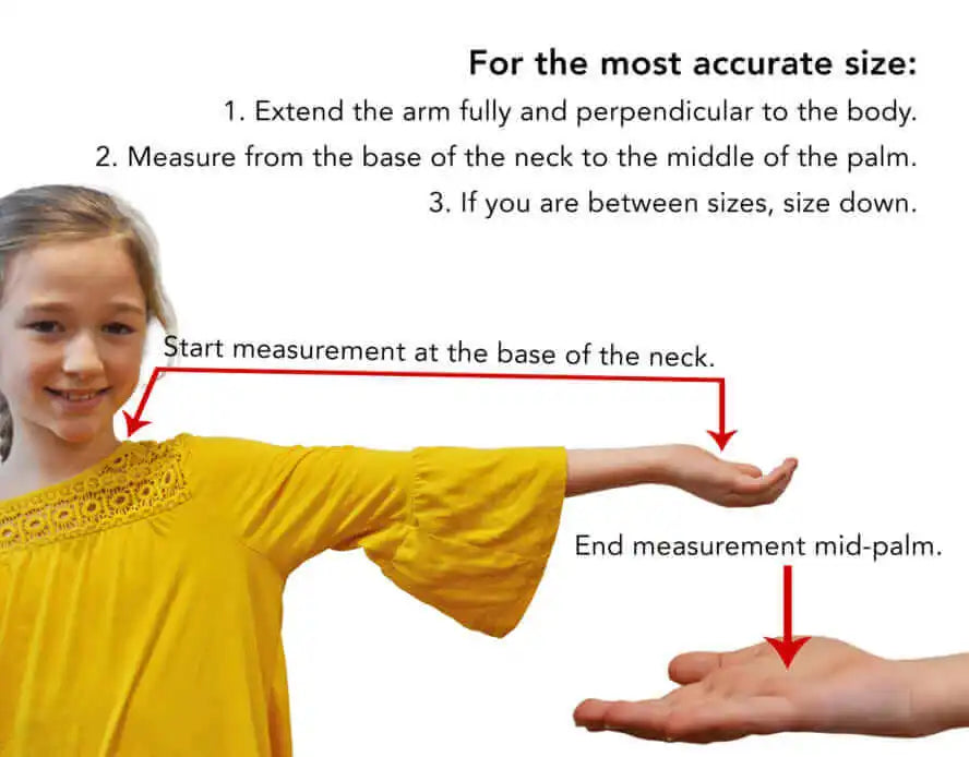 Girl in a yellow shirt extends arm; red arrows show measuring from base of neck to middle of palm for accurate sizing, with instructional text at top.