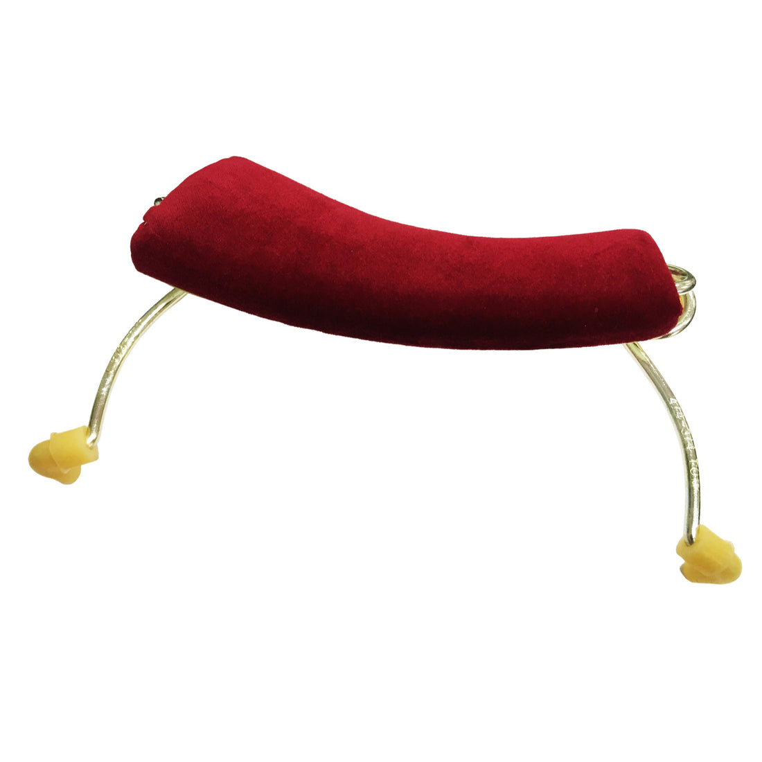 The Axiom Violin Shoulder Rest 1/8 - 1/4 Size by Axiom Music features a red velvet pad, curved gold frame, and yellow clamps for children, providing support and comfort to help ensure proper violin posture during practice or performance.