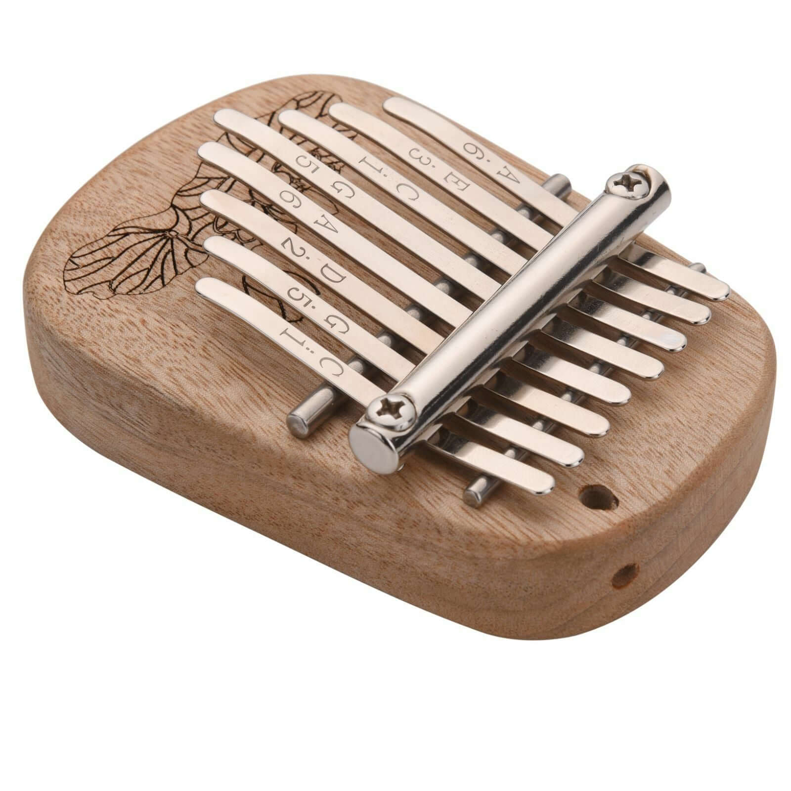 The Axiom Kalimba Thumb Piano by Axiom Music is crafted from camphor wood with an engraved floral design, labeled metal tines for notes and numbers, and comes with a tuning hammer for easy adjustments.