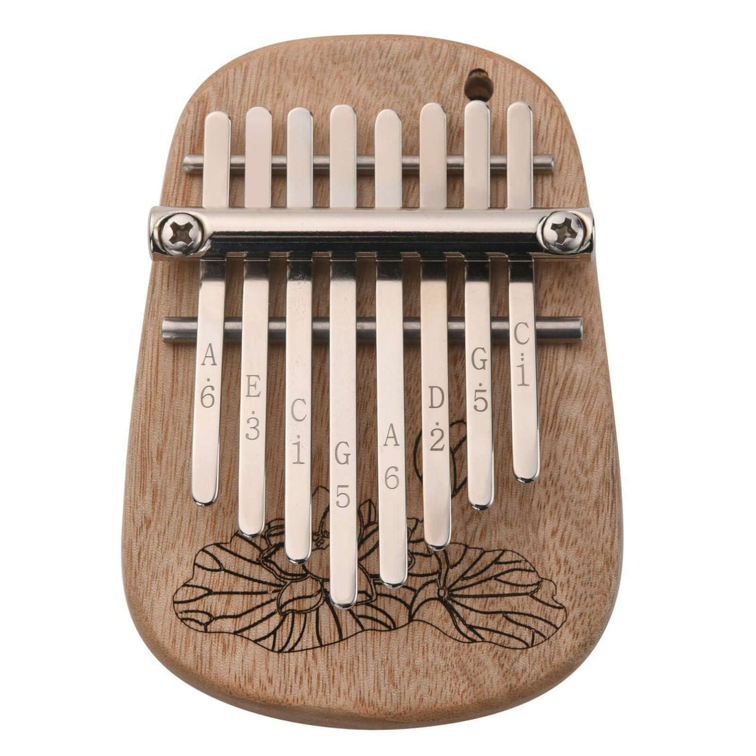 The Axiom Kalimba Thumb Piano by Axiom Music is crafted from camphor wood with an engraved floral design, labeled metal tines for notes and numbers, and comes with a tuning hammer for easy adjustments.