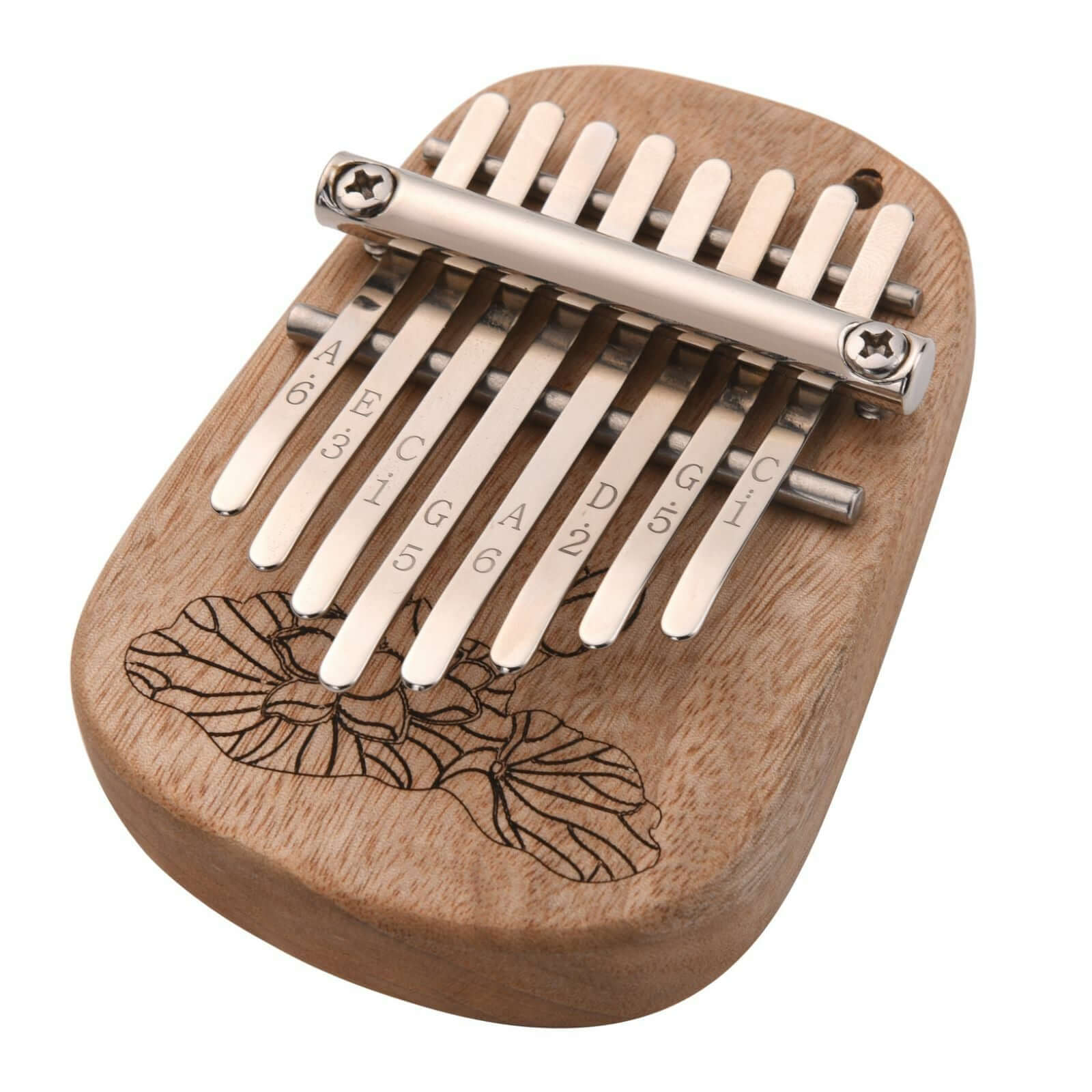 The Axiom Kalimba Thumb Piano by Axiom Music is crafted from camphor wood with an engraved floral design, labeled metal tines for notes and numbers, and comes with a tuning hammer for easy adjustments.