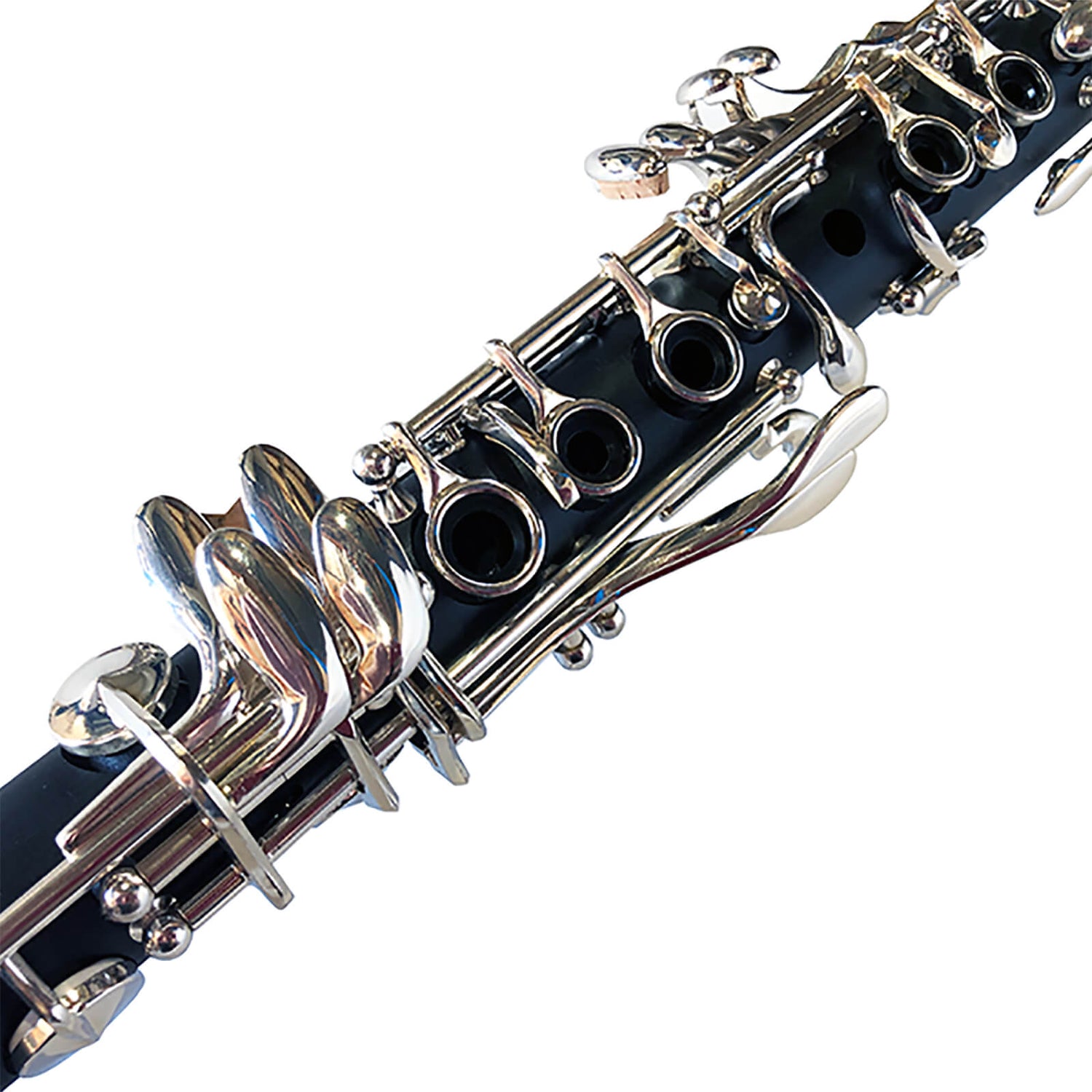 The Axiom E Flat Alto Clarinet by Axiom Music features a black finish, silver-plated keys, and gold AXIOM lettering on the bell. Designed for students, its shown against a white background.