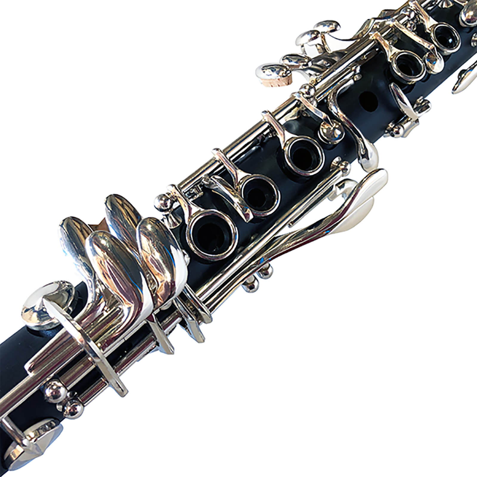 The Axiom E Flat Alto Clarinet by Axiom Music features a black finish, silver-plated keys, and gold AXIOM lettering on the bell. Designed for students, its shown against a white background.