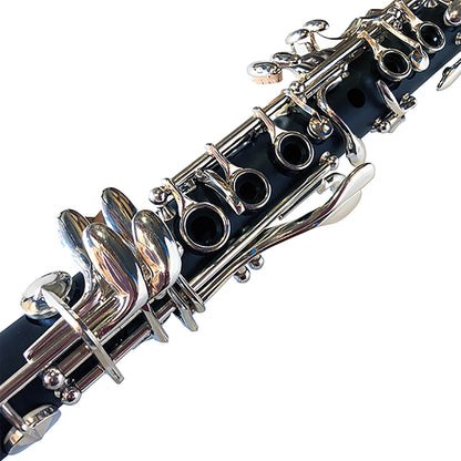 The Axiom E Flat Alto Clarinet by Axiom Music features a black finish, silver-plated keys, and gold AXIOM lettering on the bell. Designed for students, its shown against a white background.