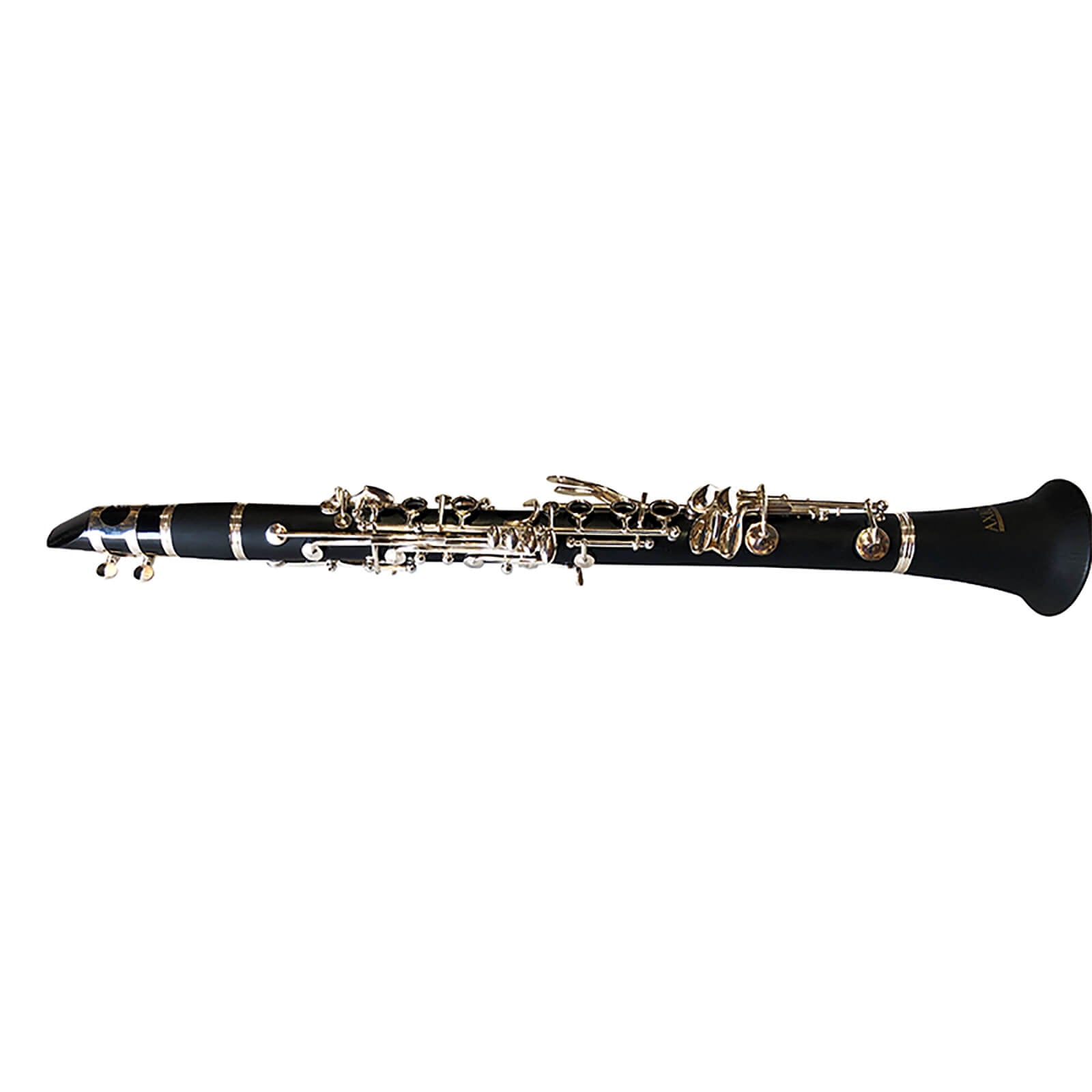 The Axiom E Flat Alto Clarinet by Axiom Music features a black finish, silver-plated keys, and gold AXIOM lettering on the bell. Designed for students, its shown against a white background.