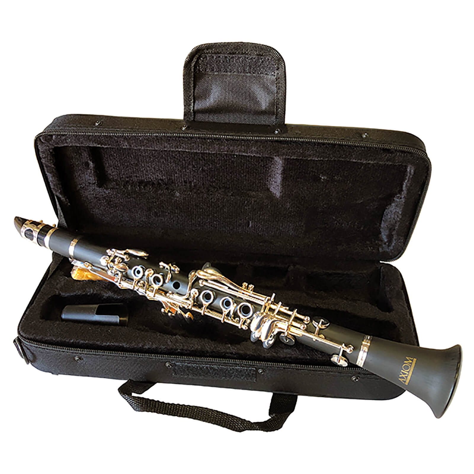 The Axiom E Flat Alto Clarinet by Axiom Music features a black finish, silver-plated keys, and gold AXIOM lettering on the bell. Designed for students, its shown against a white background.