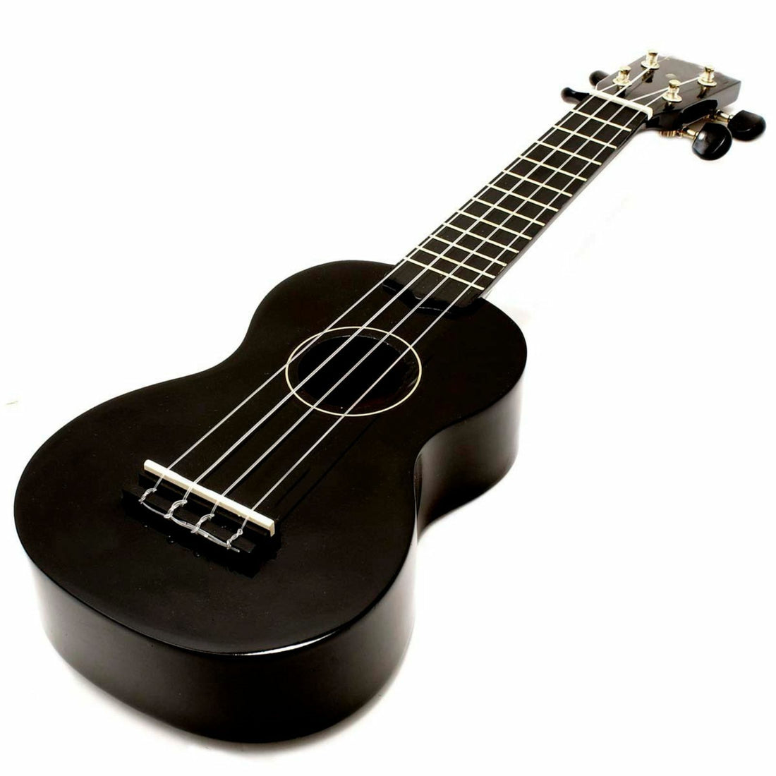 The Axiom Music Spectrum Soprano Beginner Ukulele in black features four nylon strings, silver tuning pegs, and a glossy finish, shown lying on a white background.