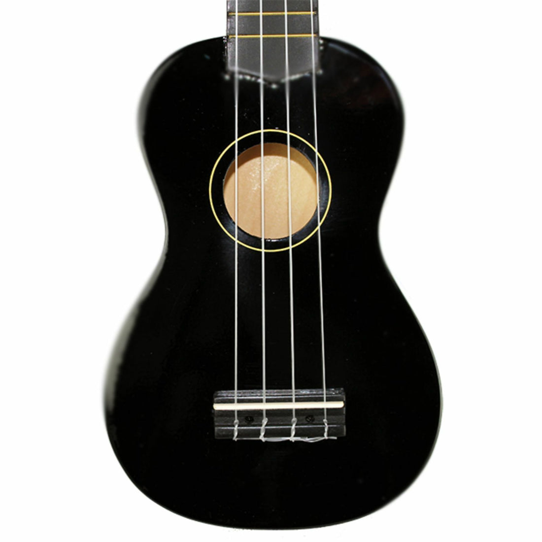 The Axiom Music Spectrum Soprano Beginner Ukulele in black features four nylon strings, silver tuning pegs, and a glossy finish, shown lying on a white background.