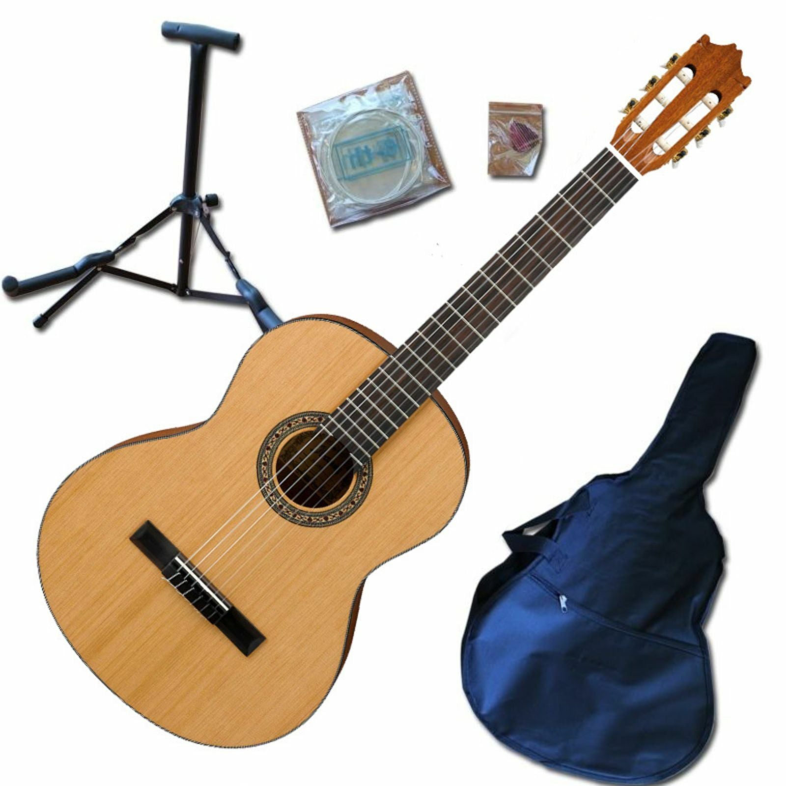 The Axiom Beginners Guitar Pack - Full Size Natural by Axiom Music includes a classical acoustic guitar with nylon strings, a black gig bag, stand, and two packs of strings—perfect for beginners.