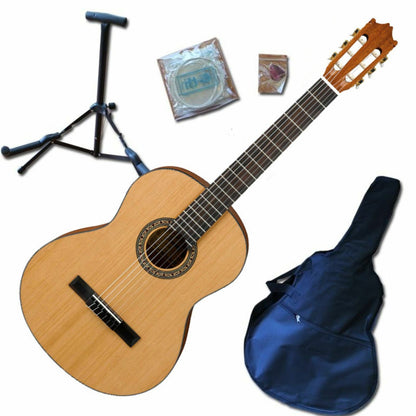 The Axiom Childrens Guitar Pack - 3/4 Size Blonde by Axiom Music features a classical acoustic guitar with nylon strings, a black gig bag, foldable stand, and extra strings, all displayed on a white background.