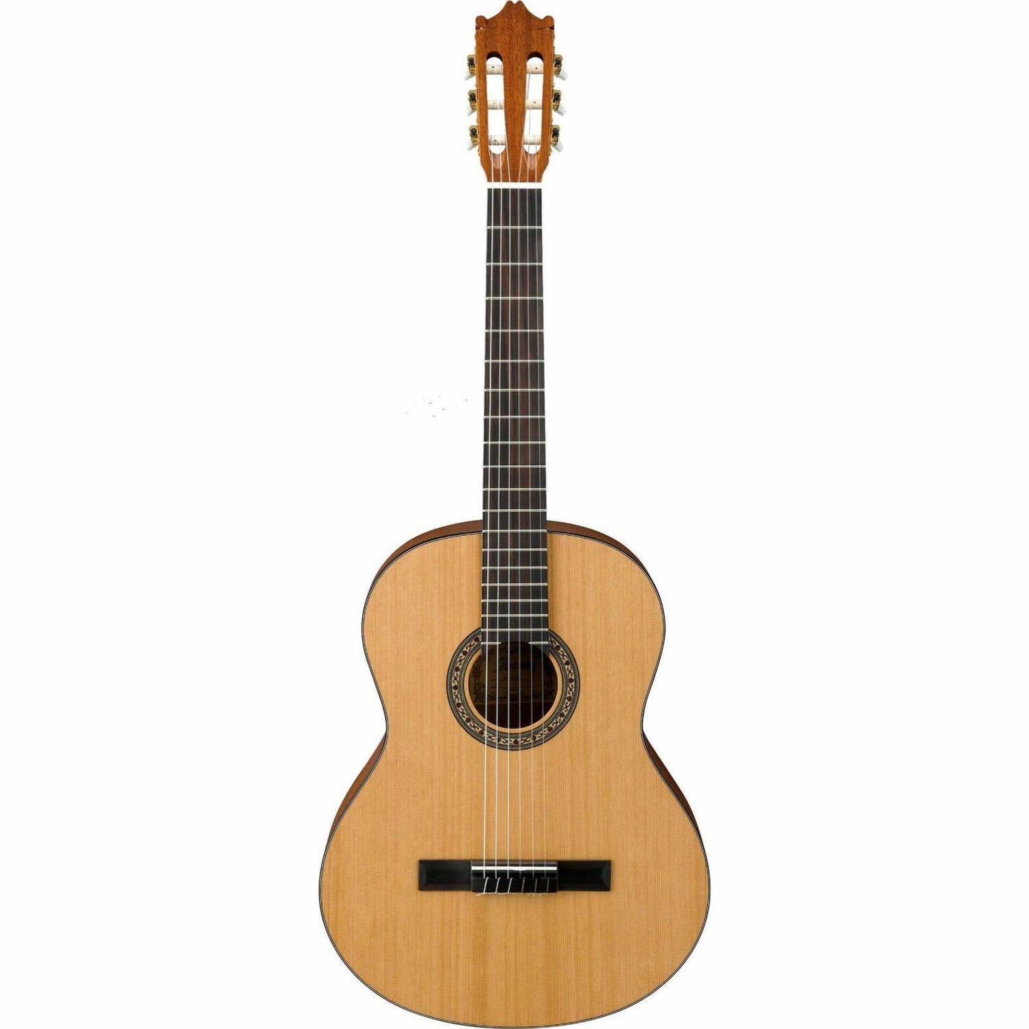 The Axiom Childrens Guitar Pack - 3/4 Size Blonde by Axiom Music features a classical acoustic guitar with nylon strings, a black gig bag, foldable stand, and extra strings, all displayed on a white background.
