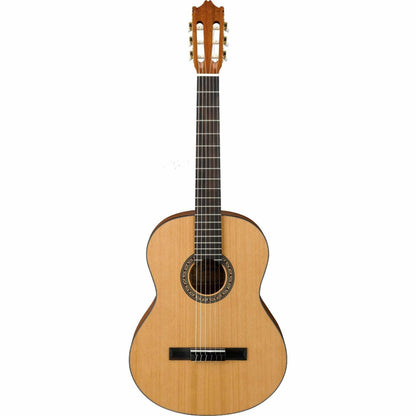 The Axiom Childrens Guitar Pack - 3/4 Size Blonde by Axiom Music features a classical acoustic guitar with nylon strings, a black gig bag, foldable stand, and extra strings, all displayed on a white background.