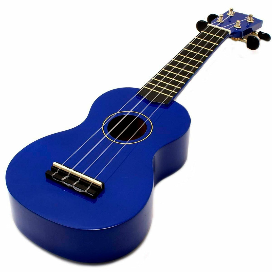 The Axiom Music Spectrum Soprano Beginner Ukulele in bright blue features quality nylon strings, black tuning pegs, and a glossy finish—perfect for beginners. Product shown on a white background.