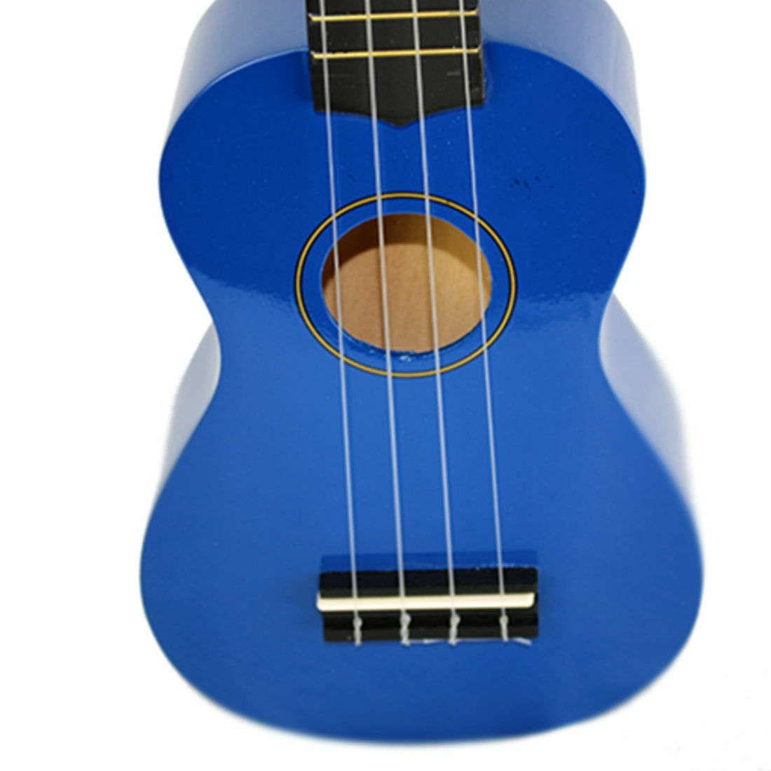 The Axiom Music Spectrum Soprano Beginner Ukulele in bright blue features quality nylon strings, black tuning pegs, and a glossy finish—perfect for beginners. Product shown on a white background.