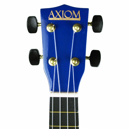 The Axiom Music Spectrum Soprano Beginner Ukulele in bright blue features quality nylon strings, black tuning pegs, and a glossy finish—perfect for beginners. Product shown on a white background.