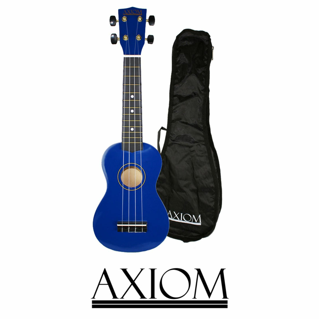 The Axiom Spectrum Soprano Beginner Ukulele in blue is displayed beside its black carrying bag with the Axiom Music logo, against a white background. The brand name Axiom Music appears at the bottom of the image.