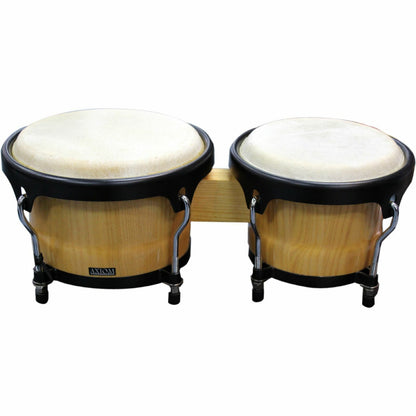 The Axiom Bongo Drum Set - Natural Finish by Axiom Music features connected toon wood shells with natural calf skin heads and metal tuning hardware.