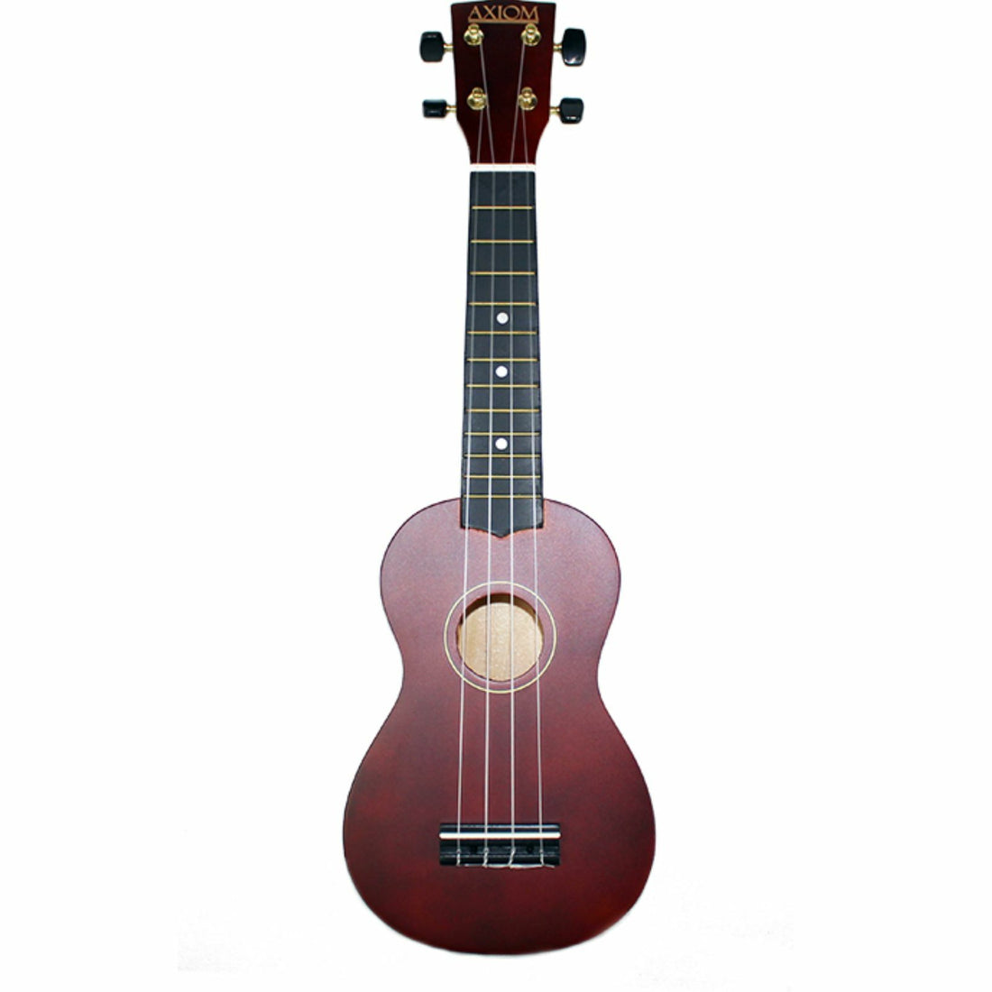 A close-up of the Axiom Music Spectrum Soprano Beginner Ukulele in Natural highlights its body, sound hole, and four nylon strings with part of the neck visible—perfect for new ukulele players.