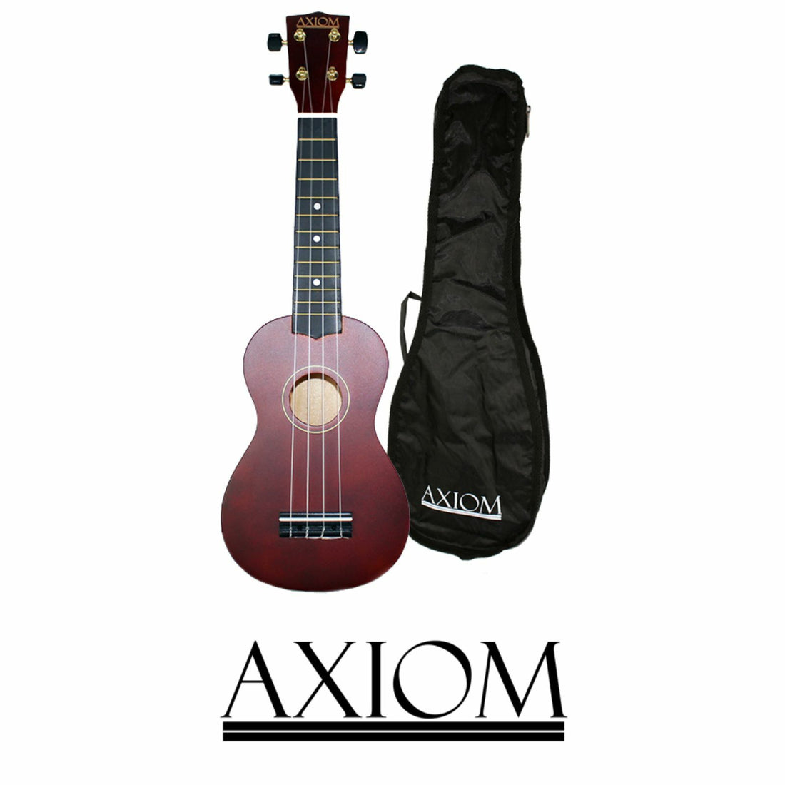The Axiom Spectrum Soprano Beginner Ukulele in natural finish is displayed with a black Axiom Music-branded bag. Both items appear on a white background, highlighting this quality beginner ukulele set from Axiom Music.