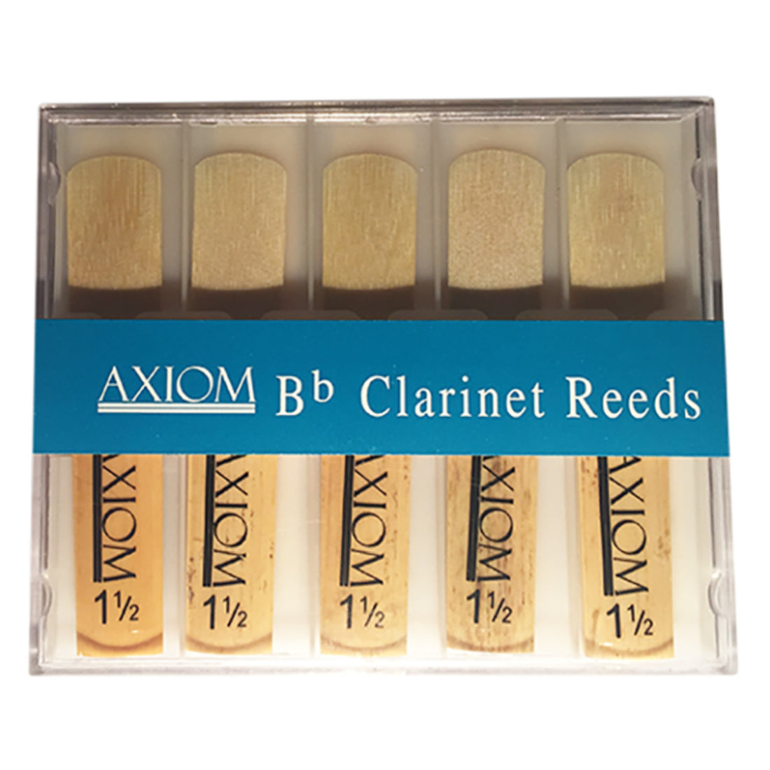 Axiom Music Clarinet Reed 1.5 – Box of Ten: High-quality cane reeds for rich tone, packaged in a clear plastic box with a blue front label.