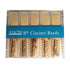 A box of ten Axiom Clarinet Reeds (2.5 strength, Bb) by Axiom Music, crafted from premium cane for a rich tone, comes in clear packaging with a blue label displaying the product name.