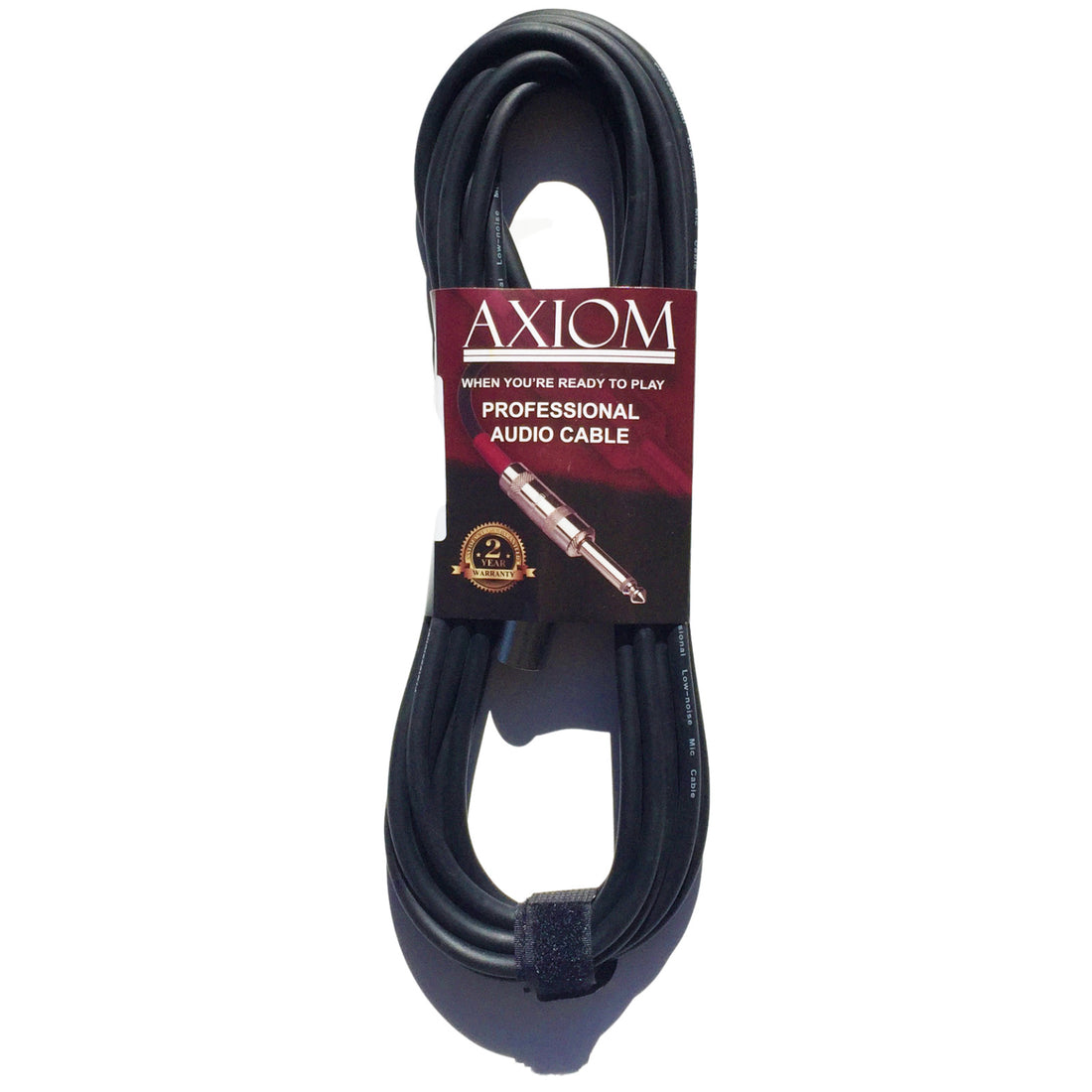 Axiom Music’s 20 coiled black microphone cable (Can/Jack) features gold-tipped connectors, a 1/4 inch plug, and comes in branded packaging.