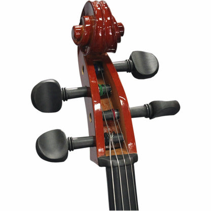 The Axiom Music Axiom Student Cello Outfit – 1/4 sized, features four strings, a black fingerboard, endpin, glossy wooden finish, quality tone woods, and is displayed against a white background.