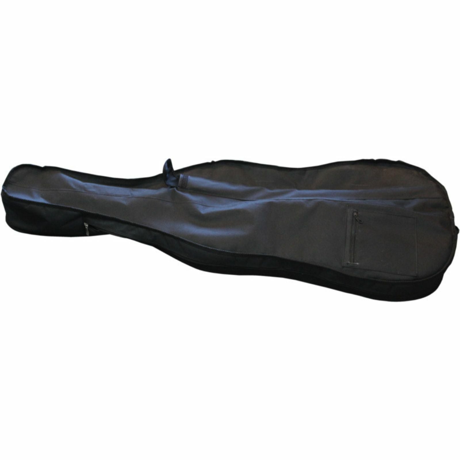 A full view of the Axiom Student Cello Outfit (Full Sized) by Axiom Music, featuring a glossy wooden finish and quality tone woods, displays its strings, bridge, and f-holes against a white background. Ideal for school use.