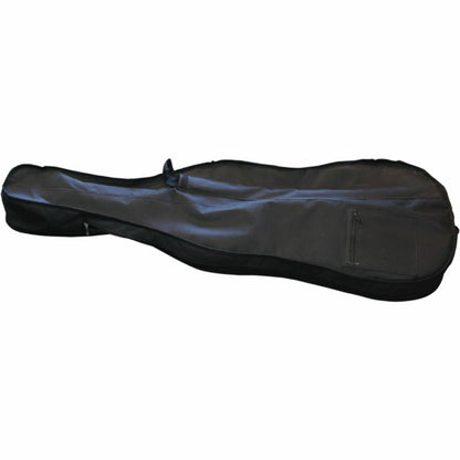 The Axiom Music Axiom Student Cello Outfit – 1/4 sized, features four strings, a black fingerboard, endpin, glossy wooden finish, quality tone woods, and is displayed against a white background.