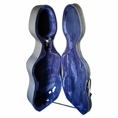 The Axiom Music Axiom Cello Case - 4/4 Full Size, in grey padded foam and water-resistant nylon with handle, straps, and front pocket, is displayed against a white background.