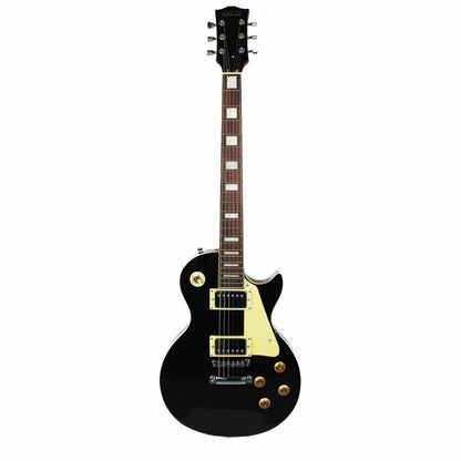 An Axiom Music Challenger Electric Guitar - Black features a single cutaway, vintage humbuckers, white pickguard, and four control knobs, photographed on a plain white background.