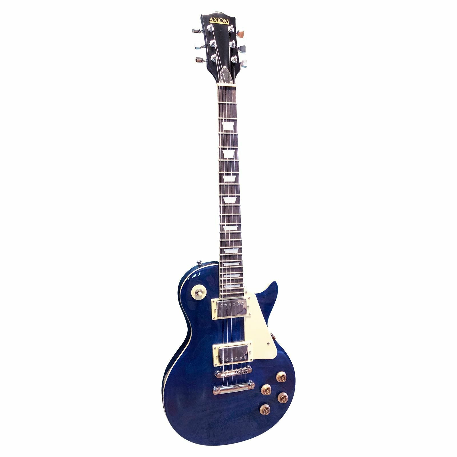 The Axiom Music Challenger Electric Guitar in blue features vintage humbuckers, a white pickguard, gold control knobs, and a dark headstock, shown here against a white background.
